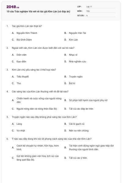 10 câu Trắc nghiệm Vài nét về tác giả Kim Lân (có đáp án)