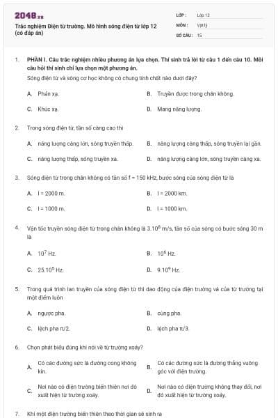 Trắc nghiệm Điện từ trường. Mô hình sóng điện từ lớp 12 (có đáp án)