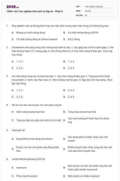 1000+ câu Trắc nghiệm Hóa sinh có đáp án - Phần 8