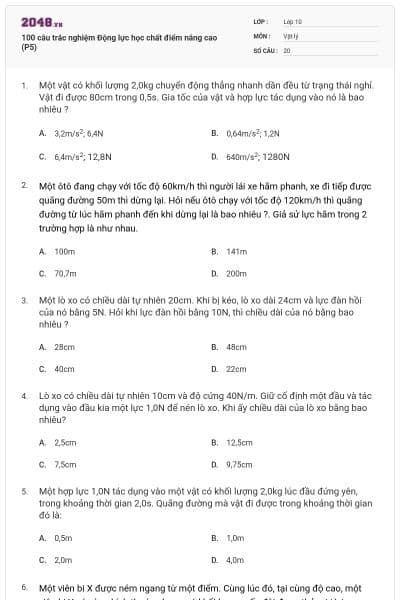 100 câu trắc nghiệm Động lực học chất điểm nâng cao (P5)