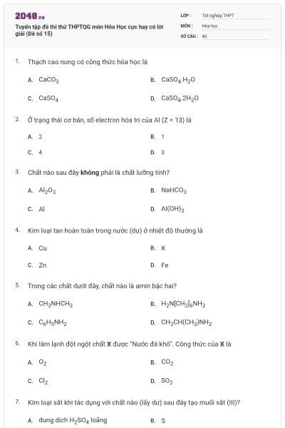 Tuyển tập đề thi thử THPTQG môn Hóa Học cực hay có lời giải (Đề số 15)