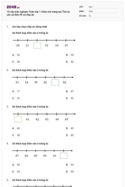 15 câu trắc nghiệm Toán lớp 1 Chân trời sáng tạo Thứ tự các số đến 99 có đáp án