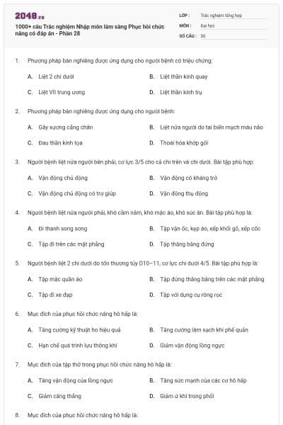 1000+ câu Trắc nghiệm Nhập môn lâm sàng Phục hồi chức năng có đáp án - Phần 28