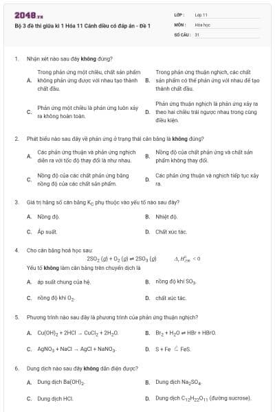 Bộ 3 đề thi giữa kì 1 Hóa 11 Cánh diều có đáp án - Đề 1