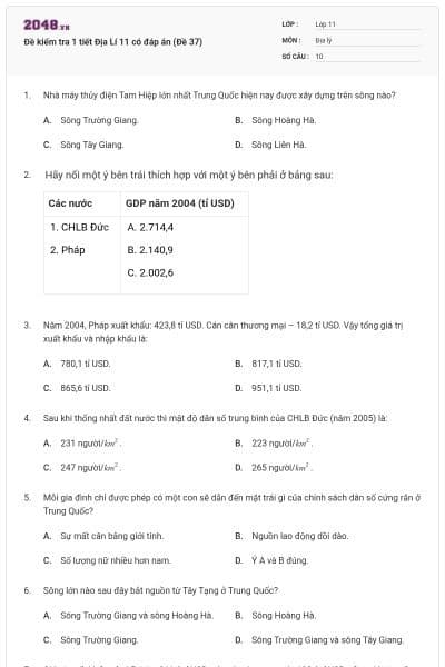 Đề kiểm tra 1 tiết Địa Lí 11 có đáp án (Đề 37)