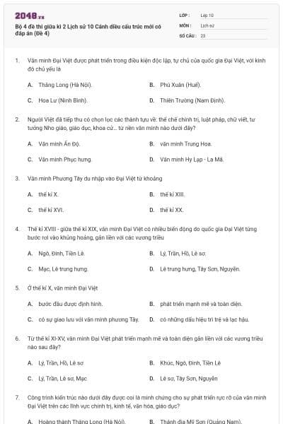 Bộ 4 đề thi giữa kì 2 Lịch sử 10 Cánh diều cấu trúc mới có đáp án (Đề 4)