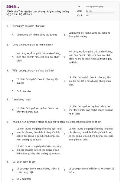 1000+ câu Trắc nghiệm Luật và quy tắc giao thông đường bộ (có đáp án) - Phần 1