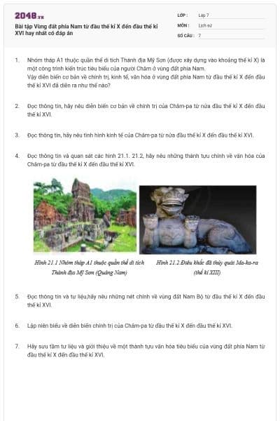 Bài tập Vùng đất phía Nam từ đầu thế kỉ X đến đầu thế kỉ XVI hay nhất có đáp án