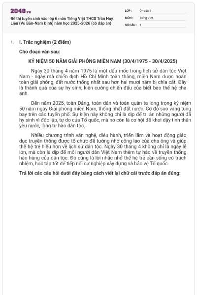 Đề thi tuyển sinh vào lớp 6 môn Tiếng Việt THCS Trần Huy Liệu (Vụ Bản-Nam Định) năm học 2025-2026 (có đáp án)