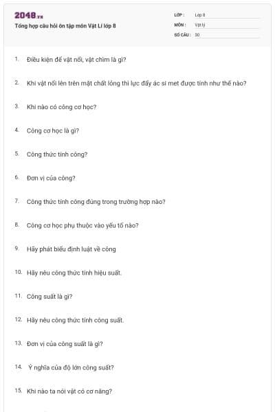 Tổng hợp câu hỏi ôn tập môn Vật Lí lớp 8