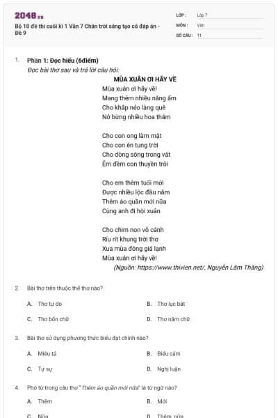 Bộ 10 đề thi cuối kì 1 Văn 7 Chân trời sáng tạo có đáp án - Đề 9
