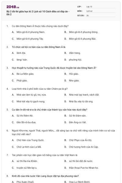 Bộ 2 đề thi giữa học kì 2 Lịch sử 10 Cách diều có đáp án - Đề 2