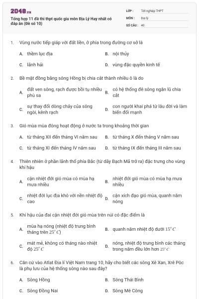 Tổng hợp 11 đề thi thpt quốc gia môn Địa Lý Hay nhất có đáp án (Đề số 10)