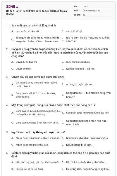 Bộ đề 1- Luyên thi THPTQG 2019 Tổ hợp KHXH có đáp án (GDCD)