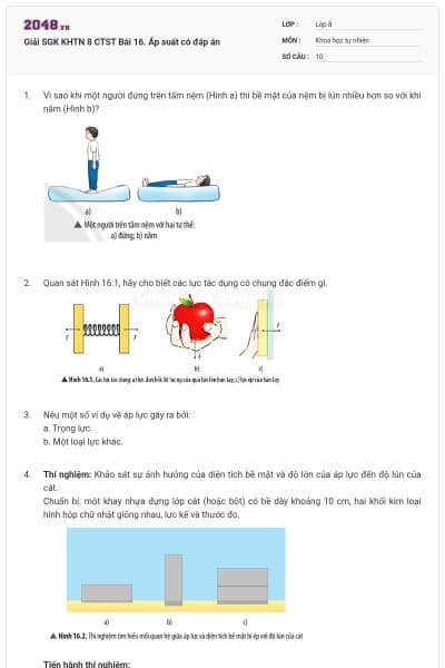 Giải SGK KHTN 8 CTST Bài 16. Áp suất có đáp án