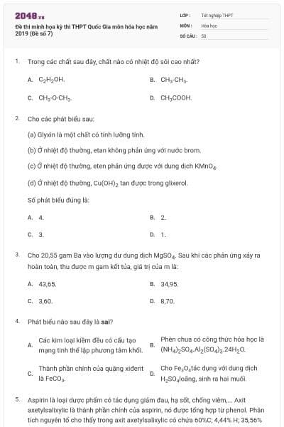 Đề thi minh họa kỳ thi THPT Quốc Gia môn hóa học năm 2019 (Đề số 7)