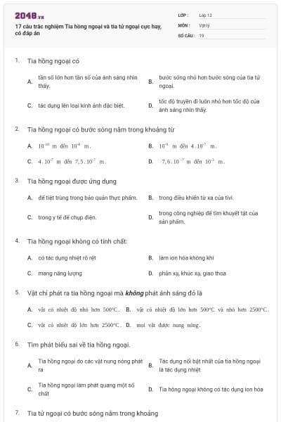 17 câu trắc nghiệm Tia hồng ngoại và tia tử ngoại cực hay, có đáp án