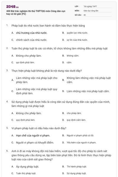400 Bài trắc nghiệm thi thử THPTQG môn Công dân cực hay có lời giải (P2)