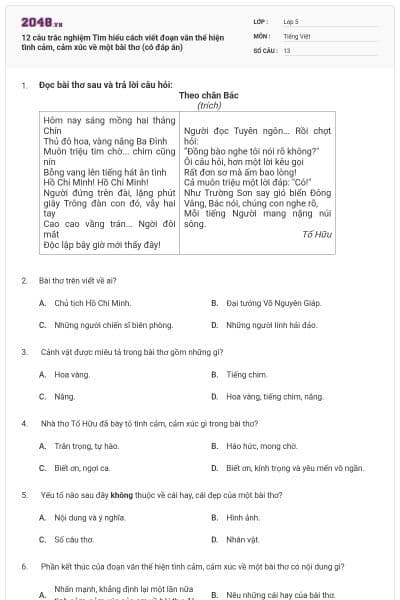 12 câu trắc nghiệm Tìm hiểu cách viết đoạn văn thể hiện tình cảm, cảm xúc về một bài thơ (có đáp án)