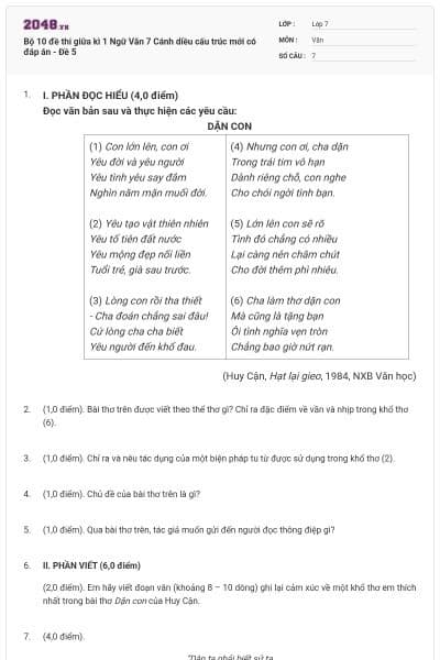 Bộ 10 đề thi giữa kì 1 Ngữ Văn 7 Cánh diều cấu trúc mới có đáp án - Đề 5