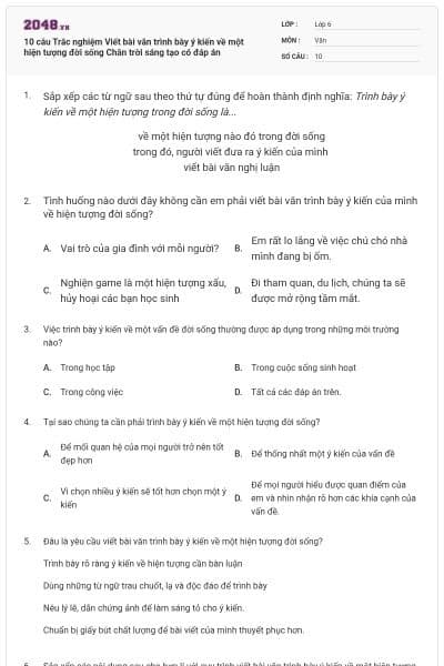 10 câu Trắc nghiệm Viết bài văn trình bày ý kiến về một hiện tượng đời sống Chân trời sáng tạo có đáp án