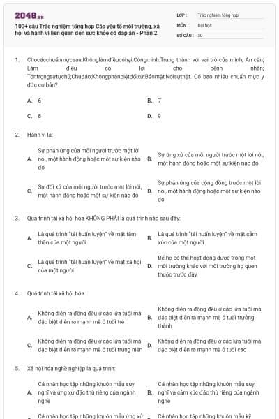 100+ câu Trắc nghiệm tổng hợp Các yếu tố môi trường, xã hội và hành vi liên quan đến sức khỏe có đáp án - Phần 2