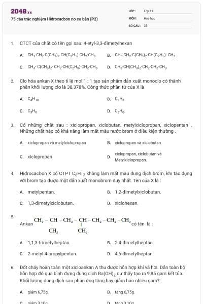 75 câu trắc nghiệm Hidrocacbon no cơ bản (P2)