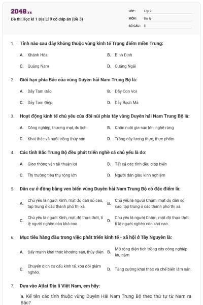 Đề thi Học kì 1 Địa Lí 9 có đáp án (Đề 3)