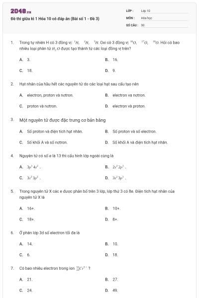 Đề thi giữa kì 1 Hóa 10 có đáp án (Bài số 1 - Đề 3)