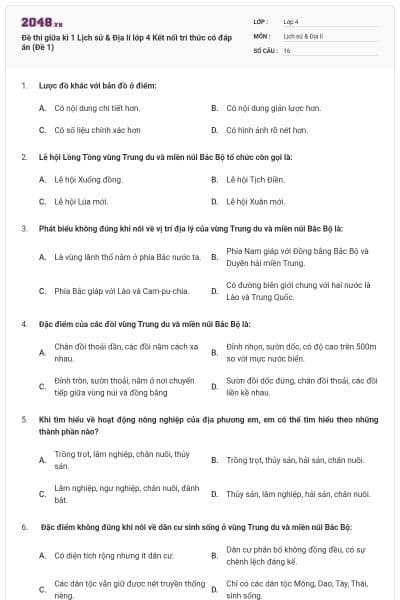 Đề thi giữa kì 1 Lịch sử & Địa lí lớp 4 Kết nối tri thức có đáp án (Đề 1)