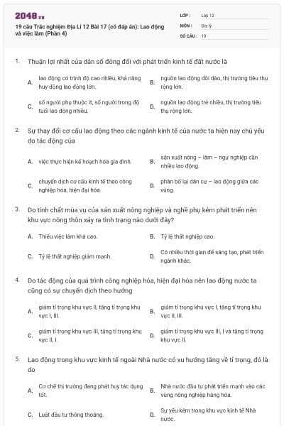 19 câu Trắc nghiệm Địa Lí 12 Bài 17 (có đáp án): Lao động và việc làm (Phần 4)