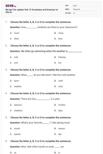 Bài tập Trắc nghiệm Unit 13 Vocabulary and Grammar có đáp án