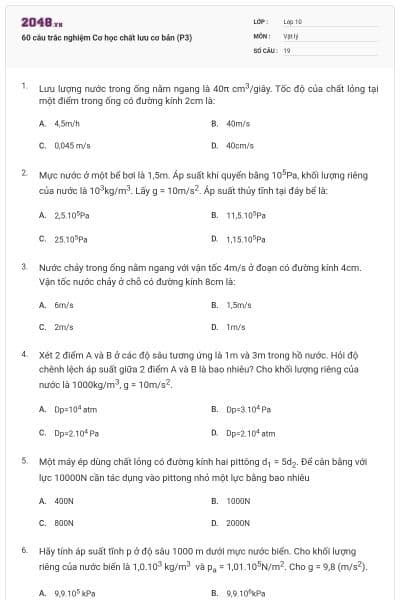 60 câu trắc nghiệm Cơ học chất lưu cơ bản (P3)
