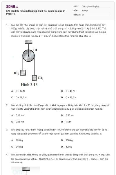 525 câu trắc nghiệm tổng hợp Vật lí đại cương có đáp án - Phần 16