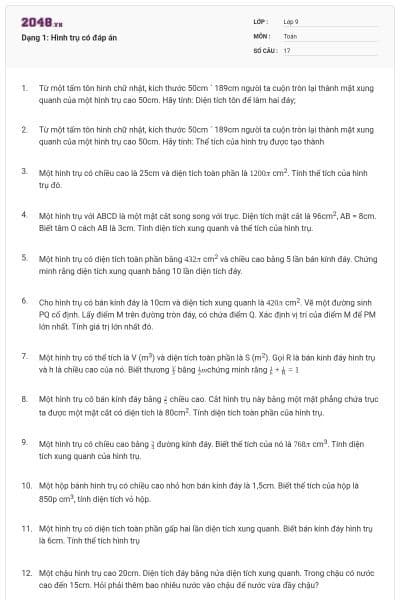 Dạng 1: Hình trụ có đáp án