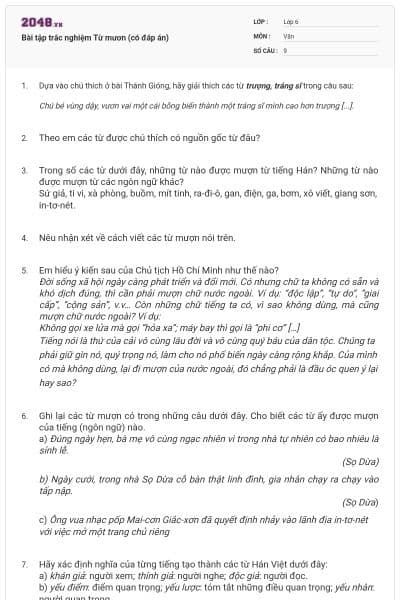 Bài tập trắc nghiệm Từ mươn (có đáp án)