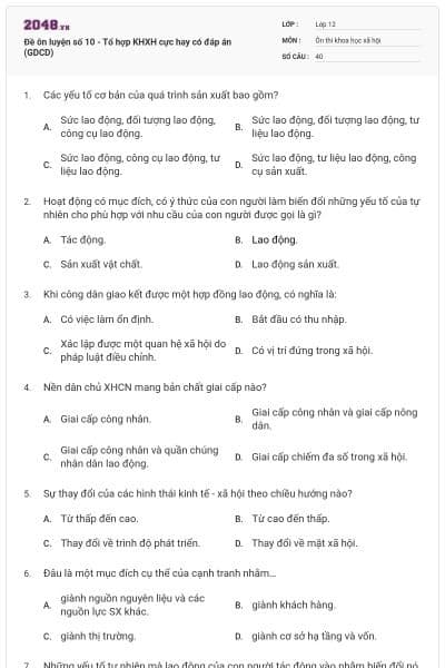 Đề ôn luyện số 10 - Tổ hợp KHXH cực hay có đáp án (GDCD)