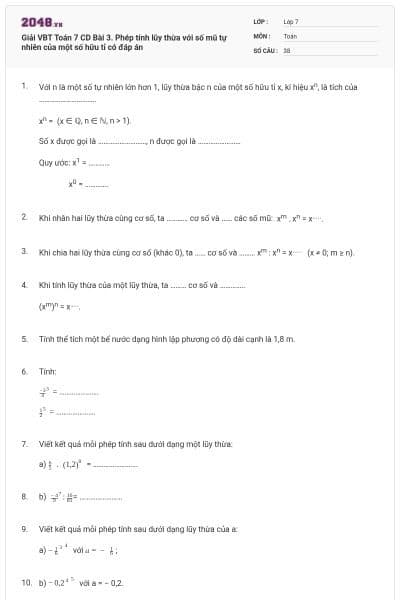 Giải VBT Toán 7 CD Bài 3. Phép tính lũy thừa với số mũ tự nhiên của một số hữu tỉ có đáp án