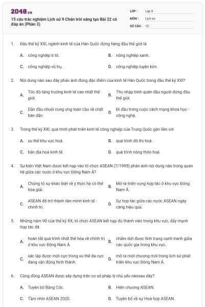 15 câu trắc nghiệm Lịch sử 9 Chân trời sáng tạo Bài 22 có đáp án (Phần 3)