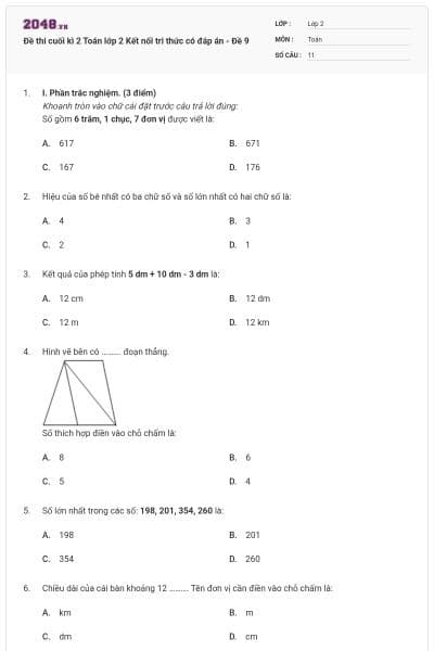 Đề thi cuối kì 2 Toán lớp 2 Kết nối tri thức có đáp án - Đề 9