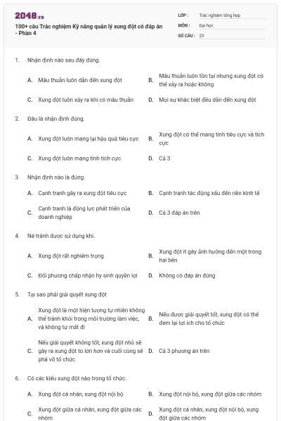 100+ câu Trắc nghiệm Kỹ năng quản lý xung đột có đáp án - Phần 4