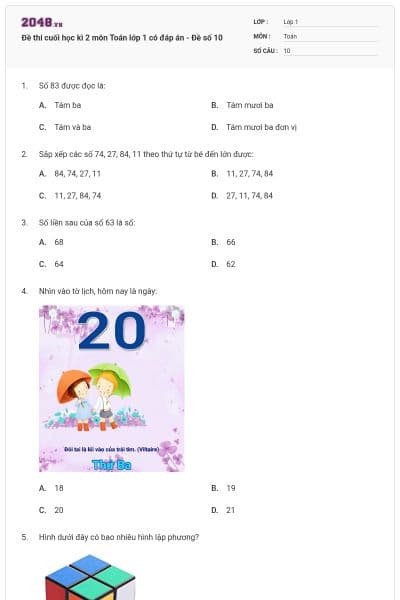 Đề thi cuối học kì 2 môn Toán lớp 1 có đáp án - Đề số 10