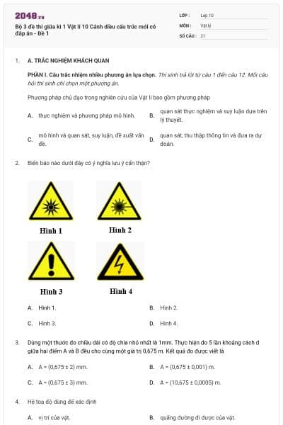 Bộ 3 đề thi giữa kì 1 Vật lí 10 Cánh diều cấu trúc mới có đáp án - Đề 1