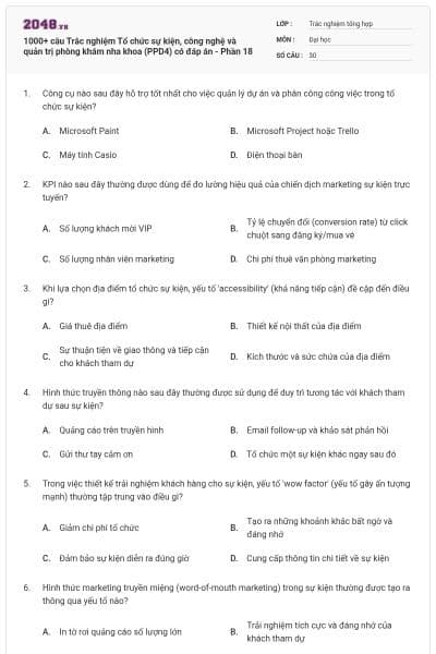 1000+ câu Trắc nghiệm Tổ chức sự kiện, công nghệ và quản trị phòng khám nha khoa (PPD4) có đáp án - Phần 18