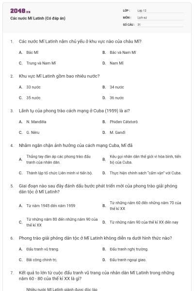 Các nước Mĩ Latinh (Có đáp án)