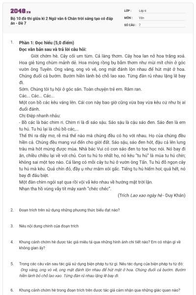 Bộ 10 đề thi giữa kì 2 Ngữ văn 6 Chân trời sáng tạo có đáp án - Đề 7