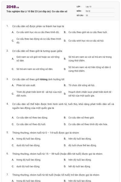 Trắc nghiệm Địa Lí 10 Bài 23 (có đáp án): Cơ cấu dân số