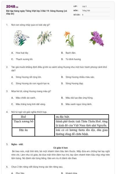 Bài tập hàng ngày Tiếng Việt lớp 3 Bài 19: Sông Hương  (có đáp án)
