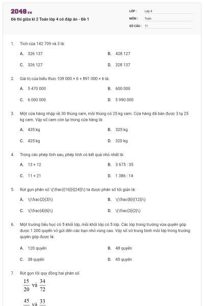 Đề thi giữa kì 2 Toán lớp 4 có đáp án - Đề 1