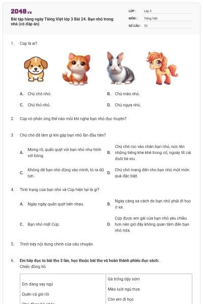 Bài tập hàng ngày Tiếng Việt lớp 3 Bài 24. Bạn nhỏ trong nhà (có đáp án)